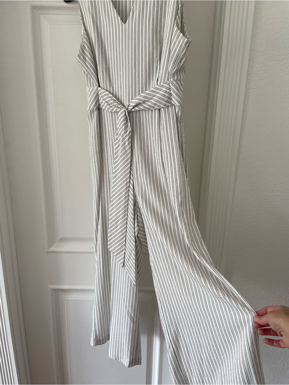 Calvin Klein Sleeveless V-Neck jumpsuit in White and Gray Stripes